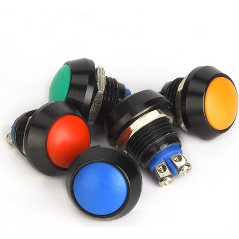 Lot de 5 boutons-poussoirs de réinitialisation en métal IP65 12 mm 3 A/250 V CA avec 5 écrous (rouge, vert, jaune, bleu, noir)