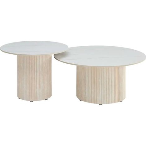 Duo Tables Gigognes Rondes Céramique Marbre Blanc & Pied Travertin Ø80 cm – BAIETA (1/5)