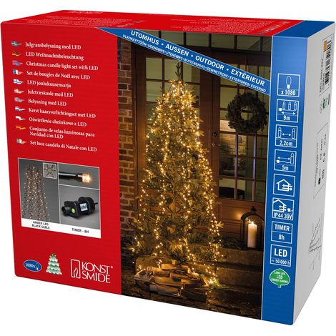 Guirlande lumineuse micro-LED compactes voile pour sapin avec anneau, 6 cordons de 180 diodes, minuterie 8H, 1080 diodes ambrées, Transformateur extérieur 30V (IP44), Câble noir - 6651-800 (1/5)