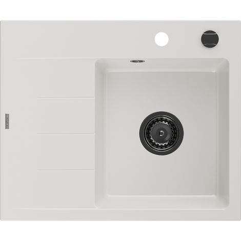 Mexen Ben évier en granit 1 bac avec égouttoir à droite 600 x 500 mm, blanc, siphon noir - 6523605000-20-B (1/5)