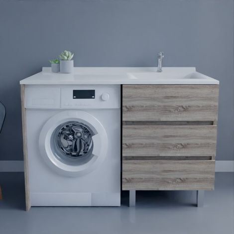 Cuisibane – Meuble lave-mains avec plan vasque déportée 124 cm x 65 cm – Bois mélaminé – 3 tiroirs avec amortisseurs – Pour espaces restreints