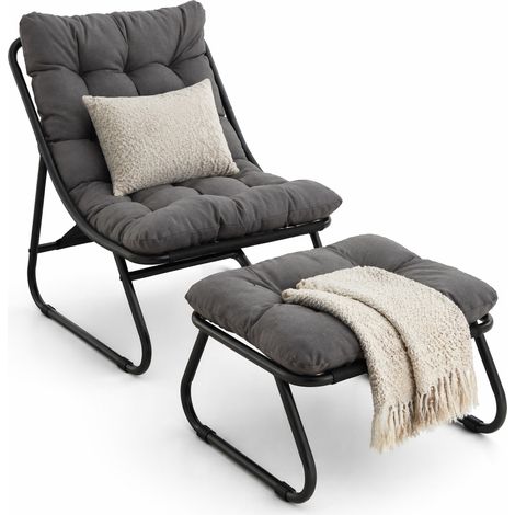 Salon de Jardin 1 Place en Acier avec Chaise Longue, Pouf et Coussin Confortable, Gris