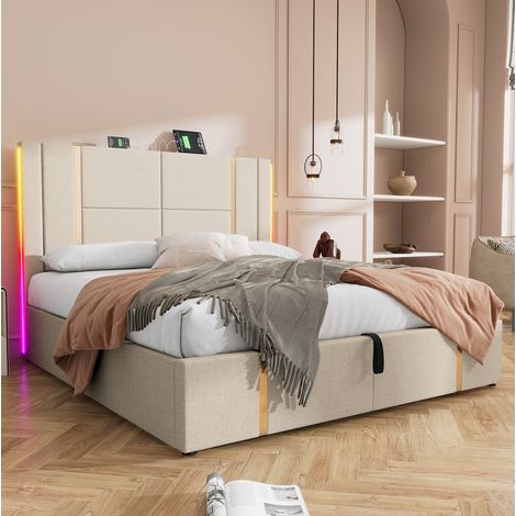 MEUBLIV Lit double coffre rembourré 180 x 200 cm en lin beige avec tête de lit à ports USB et USB C éclairage LED RGB sommier à lattes en bois et rangement intégré (1/5)
