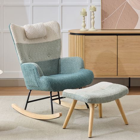 Fauteuil à bascule en bouclette, style patchwork rayé multicolore, pieds en bois d’hévéa, structure en fer pulvérisé, fauteuil de salon et de chambre avec repose-pieds (1/5)