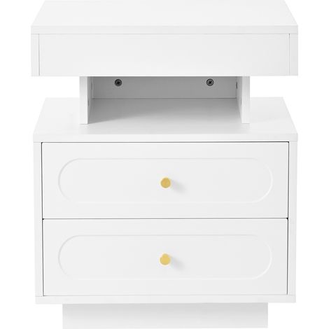Table de chevet blanche avec LED, 2 tiroirs et espace de rangement ouvert, 50 x 40 x 60 cm (1/5)