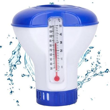 Distributeur de chlore flottant avec thermomètre, bleu, pour un dosage uniforme dans les piscines, spas, jacuzzis et pour l'entretien de l'eau-AquaForge (1/5)