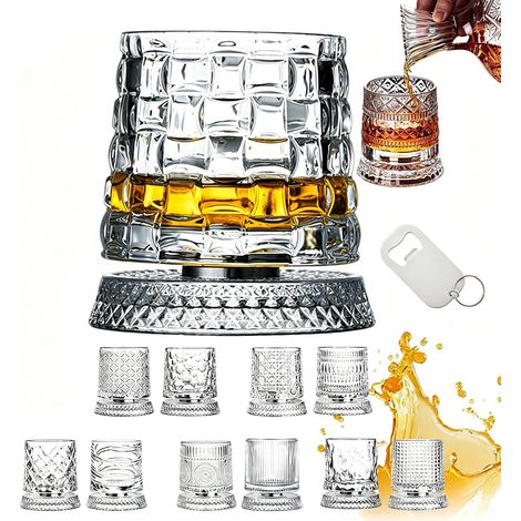 Rotating Whiskey Glass, 360 Degree Spinning Crystal Tumbler for Stress Relief, Heavy Base Kinetic Old Fashioned Glass for Scotch Bourbon, Unique Gift for Men Dad Husband on Birthday (B)
