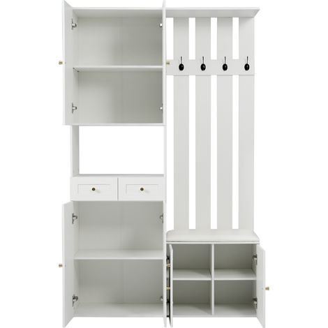 Weiße Garderobenkombination mit Sitzbank und Schuhschrank, 6 Türen, 2 Schubladen und 4 Haken (1/5)