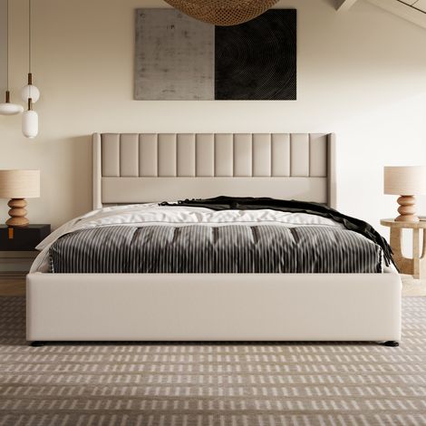 lit coffre 160x200,lit 160x200,lit 160x200 avec sommier,Lit double hydraulique,Beige,Coffre de rangement ,Lattes bois et métal -SUNFECILI (1/5)