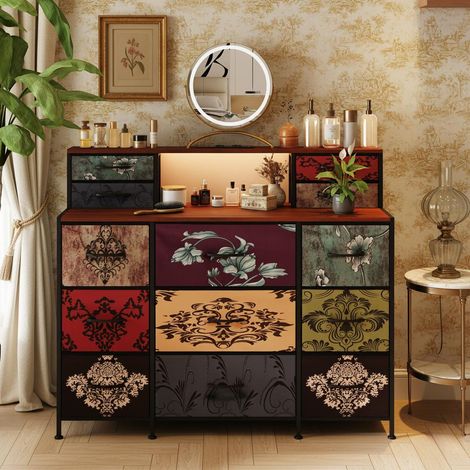 Toeletta vintage - 9 cassetti in tessuto - illuminazione LED ambientale - stazione di ricarica USB+C - ripiano aperto - 109x28x97 cm - mobile multifunzione