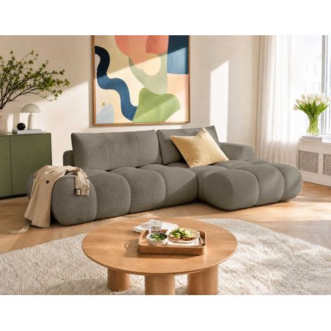 Yulin - canapé d'angle ouvert droit 4 places convertible avec coffre en tissu bouclette - taupe (1/5)