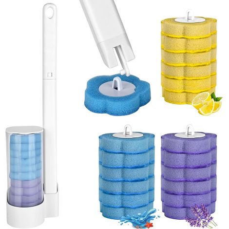 Brosse WC jetable avec 18 recharges de nettoyant, système de nettoyage des toilettes avec têtes de recharge jetables, kit de bâtonnets WC mural (1/5)