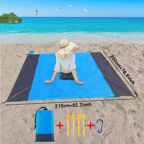 Extra große, wasserdichte und sandabweisende Stranddecke (200 x 210 cm) leichte und sandabweisende Picknickdecke Befestigungsheringe inklusive. (1/5)