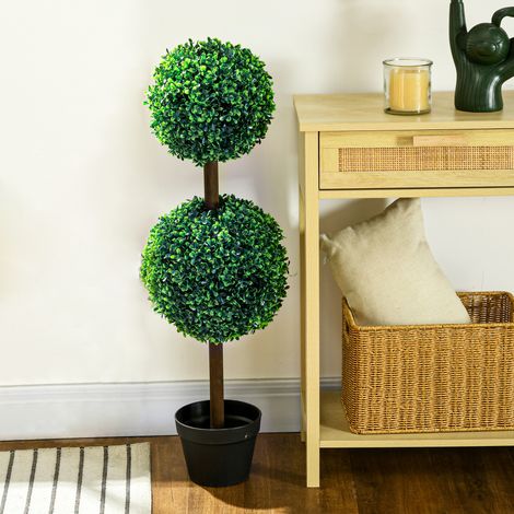 Lot de 2 arbustes artificiels buis en double boule avec tige et pot inclus - hauteur 90 cm, couleur vert