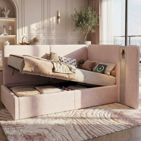 Pink Velvet Sofa Bed with Storage,3ft Single 90x190cm,Hydraulic Design,USB Charging Port,Reading Light