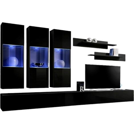 Composizione murale FLY E3 - Mobili TV sospesi, colonne vetrine LED e mensole - Nero lucido - Design moderno (1/2)