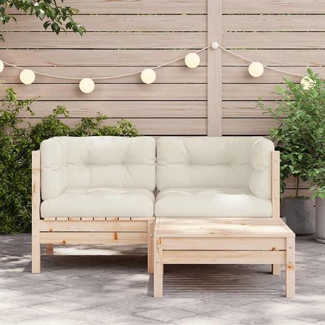 vidaXL 3 Piece Garden Lounge Set with Cream Cushions Solid Wood Pine