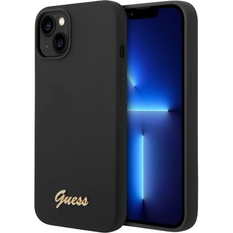 Guess GUHCP14MSLSMK iPhone 14 Plus / 15 Plus 6,7 Zoll schwarze Hartschalen-Silikonhülle mit Vintage-Gold-Logo