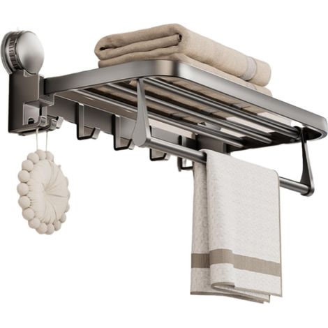 Suction cup bathroom towel rack with hooks, foldable metal bath towel holder, bathroom kitchen towel storage rack (1/4)