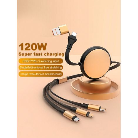 6-in-1-Schnellladekabel mit Einzugsmechanismus, 1-zu-3-Kabel aus robustem TPE-Material, kompatibel mit iPhone 16-7, Samsung, Xiaomi, Vivo, OPPO, Schwarz (1/5)