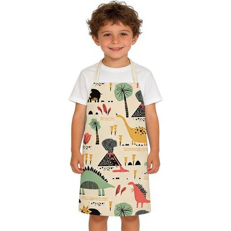 Grembiule per bambini con motivo di dinosauri in stile cartone animato, ideale per dipingere e cucinare in cucina. Consigliato per bambini e bambine. (1/5)