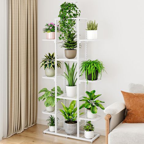 Support D’étagère à Plantes 7 Niveaux Robuste, Métal Blanc, Présentoir D’angle Haut pour 11 pots, Intérieur/Extérieur, 62,5x23x126 cm (1/5)