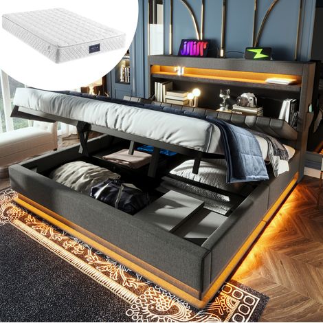 Doppelbett 160x200 cm Leinen Grau mit LED, Stauraum und Matratze – MEUBLIV (1/5)