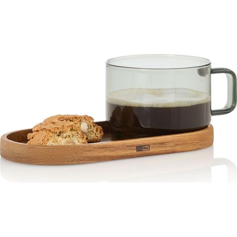 Tasse à café avec dessous de verre en bois d'acacia, 300 ml, tasse pour thé, latte, cappuccino avec poignée, verre borosilicate résistant à la chaleur, grand espace pour biscuits (1/5)