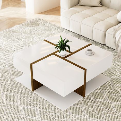 Mesa de centro 78x78x34.8 cm blanca y color madera en tablero de partículas con 4 cajones y estante inferior (1/5)