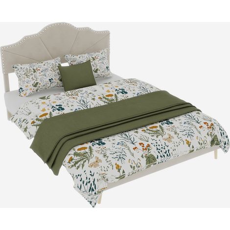 Letto Matrimoniale 140 x 200 cm in Tessuto con Testiera Geometrica, Struttura in Metallo, senza Materasso, Beige (1/5)