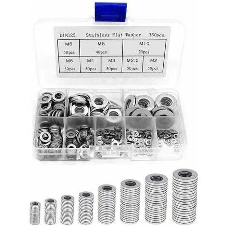 360PCS Rondelles Plates en 304 Acier Inoxydable Assortiment, Rondelles metal, Joint vidange, Rondelles gonds de porte, Rondelles assortiment de lave-mains (M2 M2.5 M3 M4 M5 M6 M8 M10) (1/5)