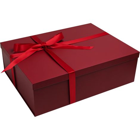 Large Burgundy Gift Box with Lid 44 x 13 x 14 cm, Foldable Magnetic Box with Ribbon, Card (1/5)