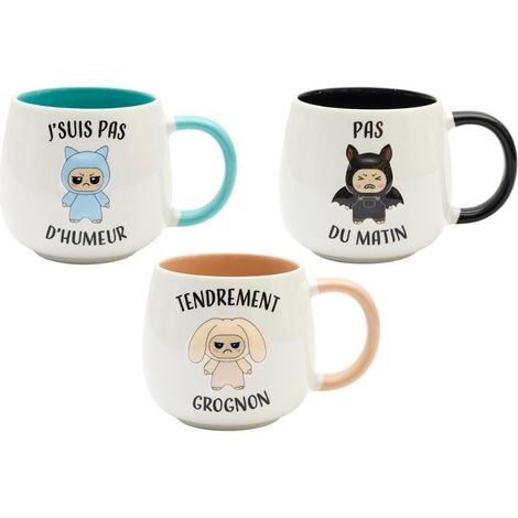 Lot de 3 Mugs Céramique Relief 40 cl Motifs Humoristiques Gromimis - Anse Colorée - Livraison gratuite (1/5)