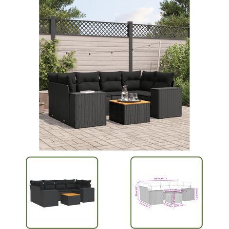 The Living Store Salon de jardin 7 pcs avec coussins noir résine tressée - Ensemble Salon De Jardin - Meuble De Jardin - Salon Extérieur - Mobilier De Jardin - Résine Tressée (1/3)