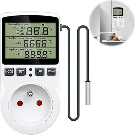 Prise Thermostat, Regulateur Température Numérique, 230 V Prise Programmable Digitale avec Ecran LCD et Sonde, Thermostat Terrarium, Prise ThermostatChauffage pour Serre, Aquarium (Prise FR) (1/5)