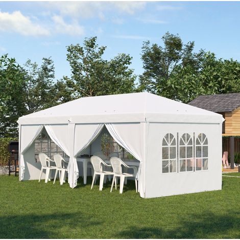 Cenador plegable de 585x295 cm con laterales desmontables, ventanas y 2 puertas con cremallera, estructura de acero blanco. (1/5)