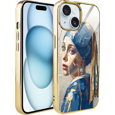 Coque en verre Ibiza Elite pour iPhone 15, dos en verre, motif Kintsugi, Femme à la perle, or (1/5)