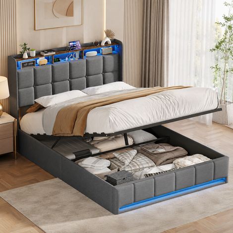 Lit coffre 140×200 cm,rangement hydraulique,lit double,lumière LED,port USB/Type-C,lit capitonné,tête de lit avec rangement,cadre de lit 140×200,sommier à lattes,lit adulte,lit ados,Lin,Gris (1/5)