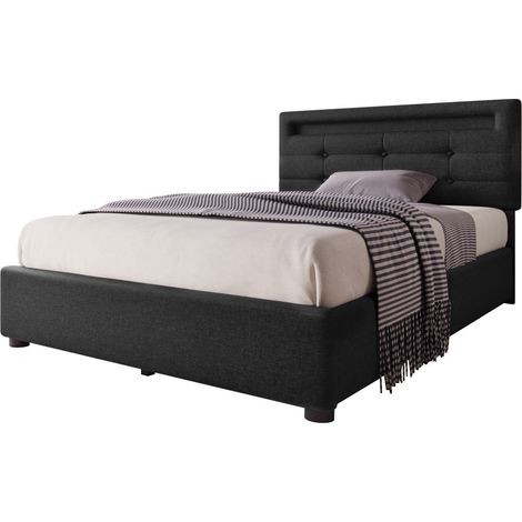 Lit 90x200 avec LED, tête de lit réglable, 2 tiroirs, revêtement tissu noir, lattes en bois et sommier inclus, sans matelas pour chambre moderne CHICFURN (1/5)