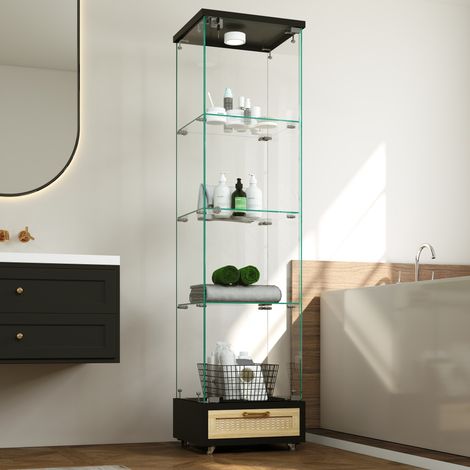 Vitrine verre trempé avec tiroirs et éclairage LED 4 étagères adaptée salon chambre Black-167 / 42,5 / 36,5 cm