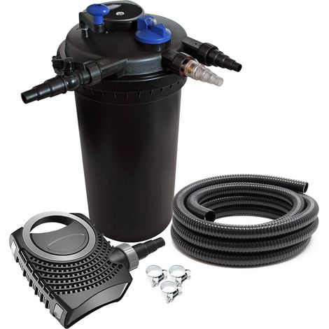 SunSun Komplettset: CPF-15000 Teichdruckfilter bis 30000 L mit 18 Watt UV-C Teichklärer, NEO10000 SuperECO Teichpumpe 10000l/h 80W, 10m Teichschlauch 38 mm (1 1/2"), Schlauchschellen W1 44-47mm