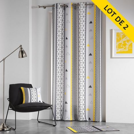 Douceur D'Intérieur – Lot de 2 rideaux à œillets 140 x 260 cm en polyester imprimé – Motif yellow mix – Lavables en machine pour entretien facile