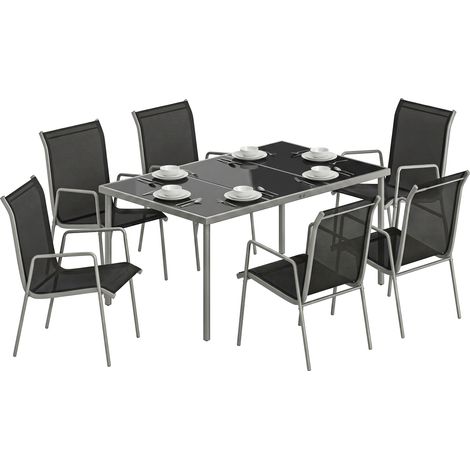Outsunny – Ensemble table et chaises de jardin 7 pièces – 6 chaises empilables en textilène – Plateau en verre trempé – Structure en métal argenté