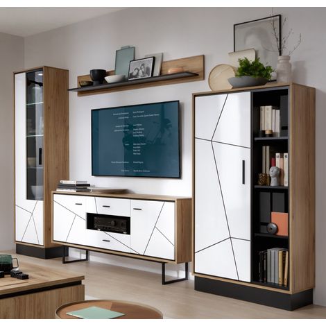 TV Wohnwand Set Wohnzimmer BRISTOL-129 in Catania Eiche Nb. mit schwarz und weiß Hochglanz, B/H/T: ca. 339,5/208,5/40 cm (1/5)