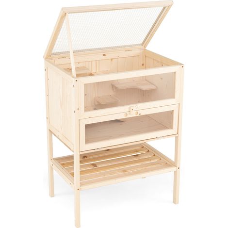 Jaula para hámster de 60 x 40 x 80 cm con zonas de escalada de varios niveles y moderno estante de almacenamiento en madera marrón 200010989