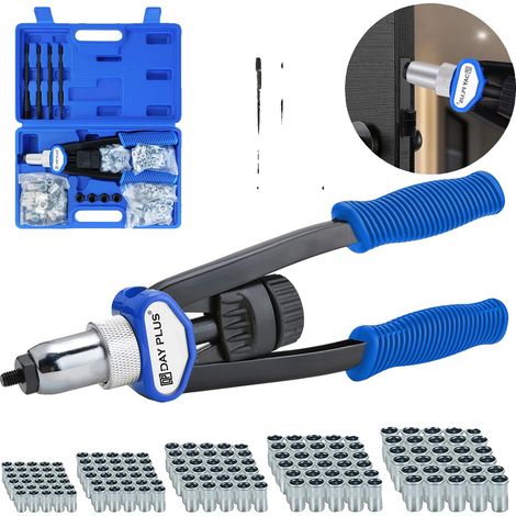Alicates para remaches, longitud total de 335 mm, surtido de 150 remaches, 5 mandriles intercambiables, construcción de acero galvanizado, compatible con tamaños M5-M12. (1/5)