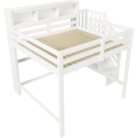 Kinder-Hochbett 140x200 cm weiß mit LED, Stauraumtreppe und großem Raum darunter (1/5)