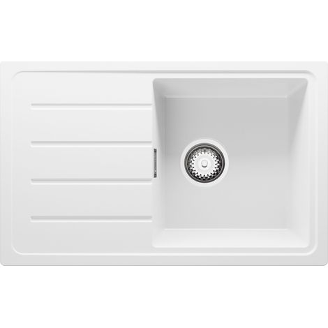 PRIMAGRAN Evier Cuisine en Granit 70x44cm, Lavabo 1 bac + Kit de Vidage, Évier à Encastrer au meuble 45cm - Copenhague Easy, Blanc