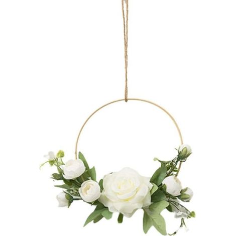 Couronnes De Fleurs Dorées Murale, Guirlande Artificielle Roses Blanches, Cadre Rond Décoration Intérieure (1/5)