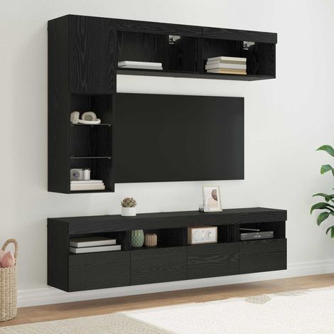 vidaXL  TV Cabinet  with LED 7 pcs Black Oak Engineered Wood